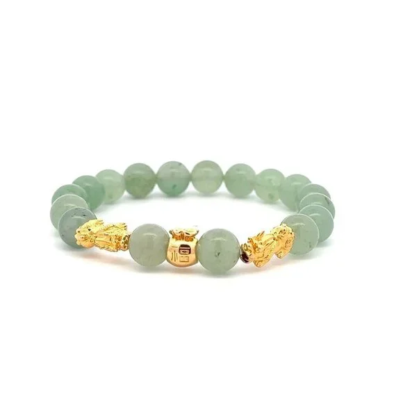 18K Gold Dragon Pixiu Double Piyao Money Bag Bracelet Gemstones Aventurine 8mm - Picture 4 of 6